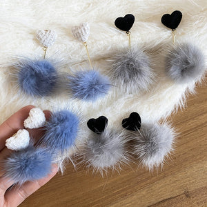 Elegant Plush Heart Pom Pom Drop Earrings With Silver Needle Studs For Women