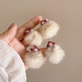 Elegant Korean Plush Heart Plaid Pom Pom Stud Earrings With Silver Pins For Women view 3