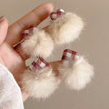 Elegant Korean Plush Heart Plaid Pom Pom Stud Earrings With Silver Pins For Women view 1