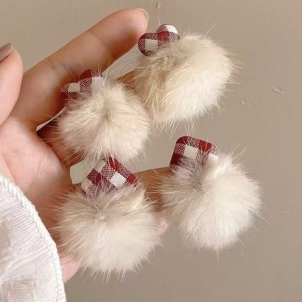 Elegant Korean Plush Heart Plaid Pom Pom Stud Earrings With Silver Pins For Women
