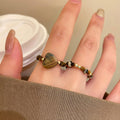 Tiger Eye Beaded Heart Elastic Ring Vintage Maillard Style Light Luxury Women's Finger Jewelry view 1