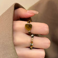 Tiger Eye Beaded Heart Elastic Ring Vintage Maillard Style Light Luxury Women's Finger Jewelry view 3