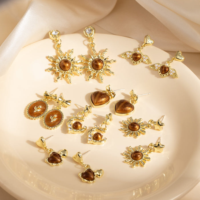 Vintage Luxury Alloy Tiger Eye Brown Amber Sun Heart Bow Pearl Rhinestone Statement Drop Earrings