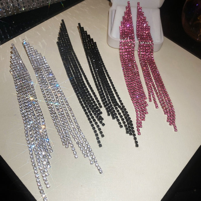 Copper Trapezoid Rhinestone Tassel Drop Earrings Light Luxury Geometric Stud Style