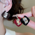 French Vintage Plush Fabric Zircon Rhombus Stud Earrings for Women Winter OL Style view 2