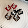 French Vintage Plush Fabric Zircon Rhombus Stud Earrings for Women Winter OL Style view 3