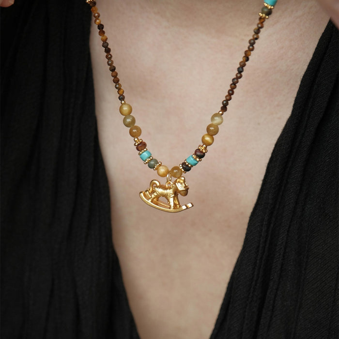 18K Gold Plated Copper Tiger Eye Beaded Pony Sweater Necklace Light Luxury Geometric Round Pendant