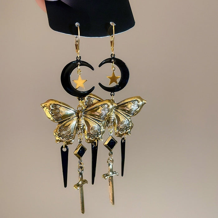 French Vintage Alloy Moon Butterfly Tassel Drop Earrings, Premium Sweet Cool Ear Cuff Style