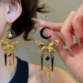 French Vintage Alloy Moon Butterfly Tassel Drop Earrings, Premium Sweet Cool Ear Cuff Style view 2