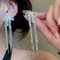Light Luxury Alloy Rhinestone Bow Tassel Drop Earrings With Silver Pins Elegant Jewelry view 1