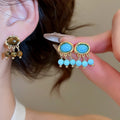 Oval Tiger Eye Stone Tassel Drop Earrings With Silver Needle, Vintage Ethnic Geometric Design view 2