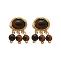 Oval Tiger Eye Stone Tassel Drop Earrings With Silver Needle, Vintage Ethnic Geometric Design view 5
