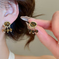 Oval Tiger Eye Stone Tassel Drop Earrings With Silver Needle, Vintage Ethnic Geometric Design view 4