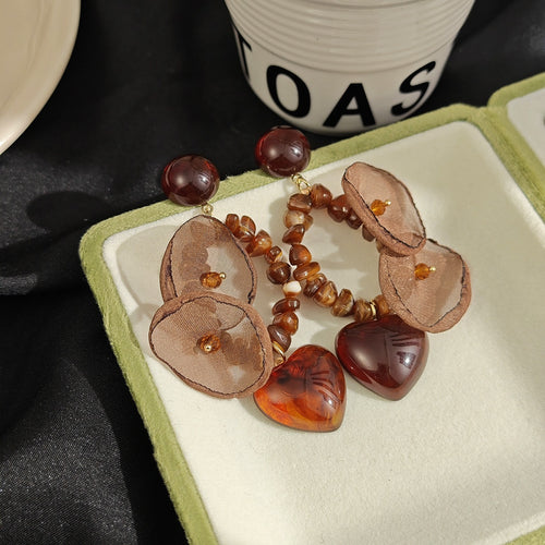 Vintage Maillard Brown Heart Beaded Tassel Alloy Acrylic Drops Elegant Commuter Statement Earrings