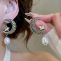 Light Luxury Moon Star Rhinestone Faux Pearl Stud Earrings For Women, Vintage Elegant Geometric Design view 1
