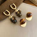 18K Gold Plated Bird Tiger Eye Stone Tassel Drop Earrings Vintage Geometric Round Style view 1