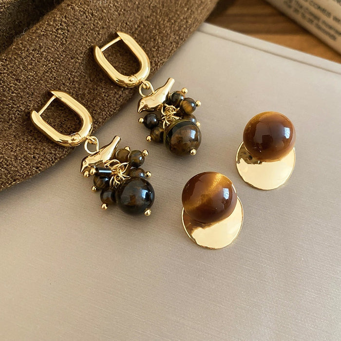 18K Gold Plated Bird Tiger Eye Stone Tassel Drop Earrings Vintage Geometric Round Style