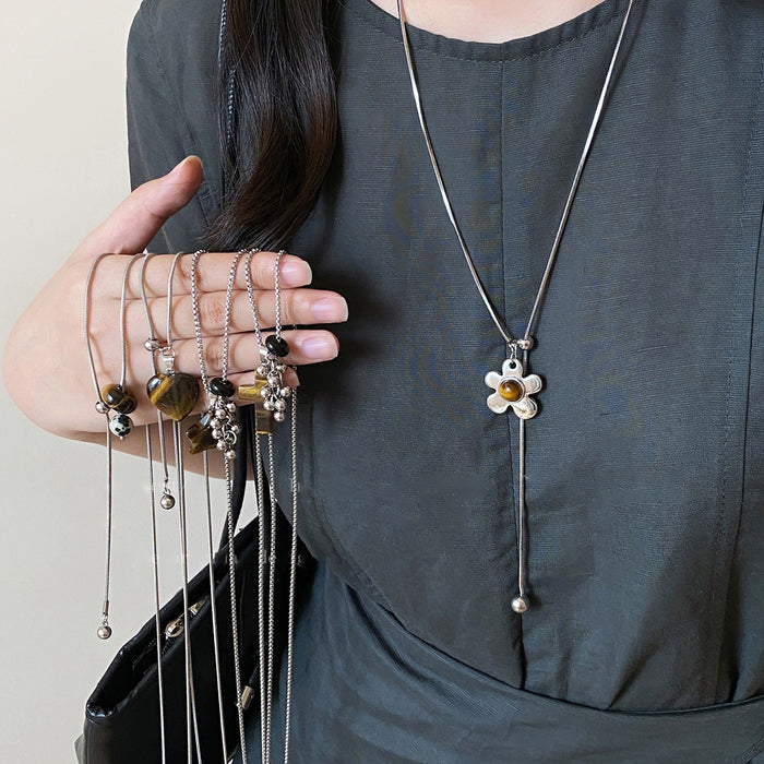 Stainless Steel Tiger Eye Beaded Pendant Sweater Necklace, Light Luxury Geometric Round Design