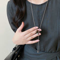 Stainless Steel Tiger Eye Beaded Pendant Sweater Necklace, Light Luxury Geometric Round Design view 3