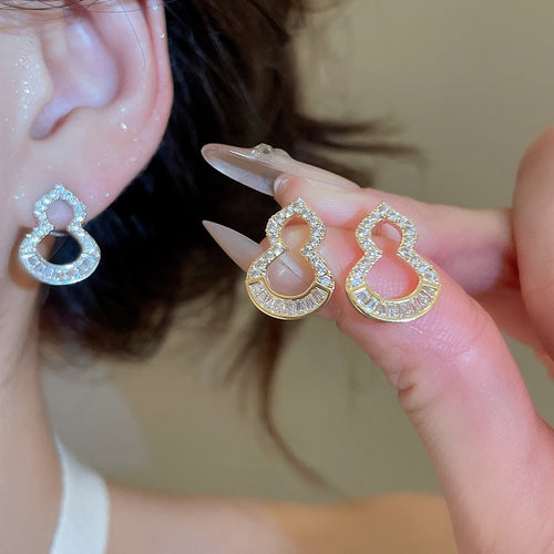 Copper Zircon Hollow Gourd Drop Earrings, New Chinese Vintage Light Luxury Geometric Ear Jewelry