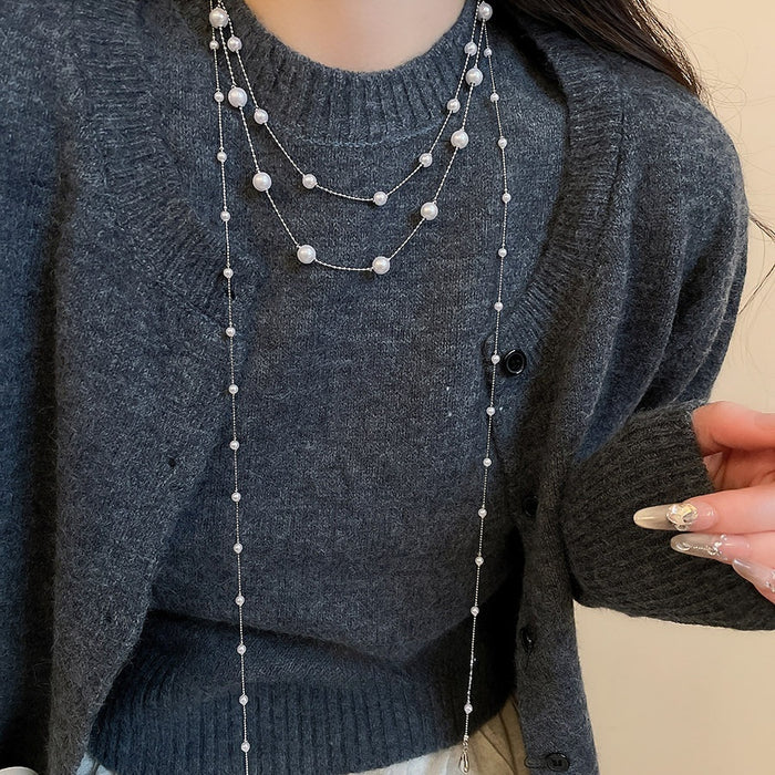 French Vintage Faux Pearl Teardrop Tassel Sweater Necklace Old Money Elegant Round Geometric Choker