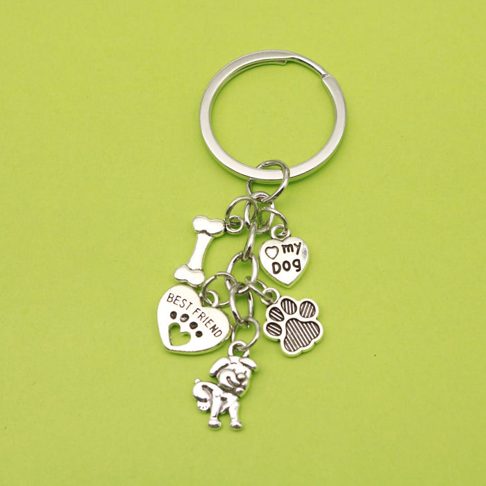 Metal Dog Bowl Bone House Paw Print Keychain Pet Gift