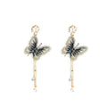 Embroidered Butterfly Gold Chain Fringe Long Stud Earrings view 1