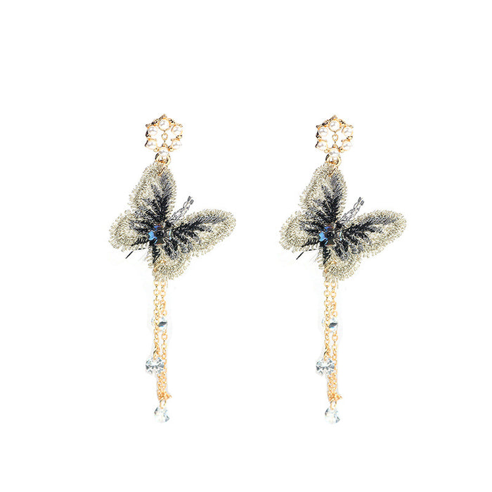 Embroidered Butterfly Gold Chain Fringe Long Stud Earrings