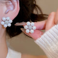 Light Luxury French Retro Faux Pearl Zircon Flower Stud Earrings With Sterling Silver Pins view 1