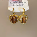 Maillard Style Tiger Eye Heart Pendant Drop Earrings With Silver Pin For Women view 2