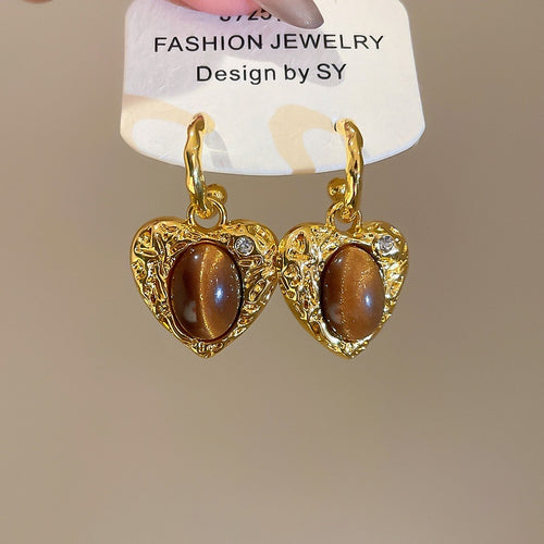 Maillard Style Tiger Eye Heart Pendant Drop Earrings With Silver Pin For Women