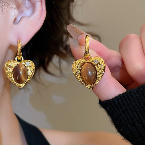 Maillard Style Tiger Eye Heart Pendant Drop Earrings With Silver Pin For Women