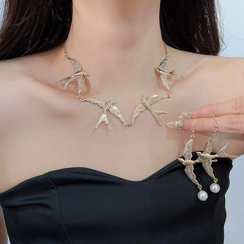 Vintage Swallow Bird Pearl Wing Pendant Necklace And Earrings Jewelry Set In Iron