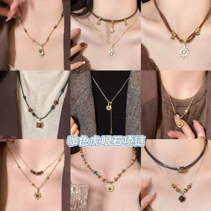 Light Luxury Copper Tiger Eye Stone Sun Pendant Necklace For Women Vintage Geometric Collarbone Chain