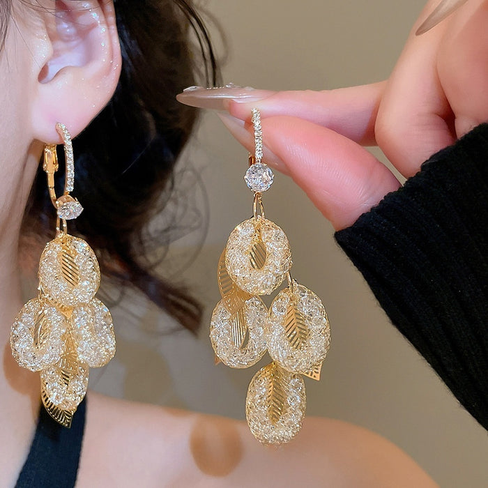 Copper Zircon Leaf Tassel Hoop Earrings Vintage Palace Style Light Luxury Drop Jewelry