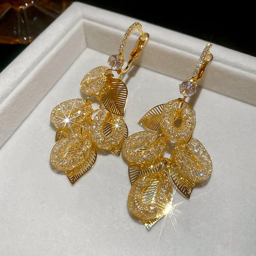 Copper Zircon Leaf Tassel Hoop Earrings Vintage Palace Style Light Luxury Drop Jewelry