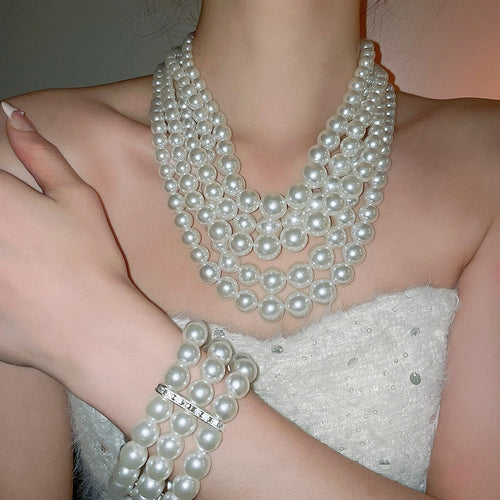 French Multi Layer Faux Pearl Necklace Ear Hook Bracelet Light Luxury Jewelry Set