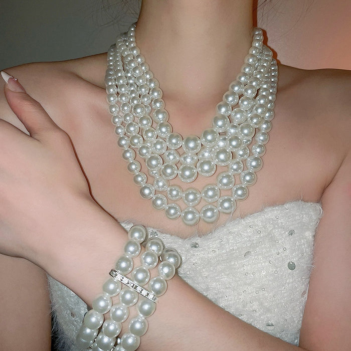 French Multi Layer Faux Pearl Necklace Ear Hook Bracelet Light Luxury Jewelry Set