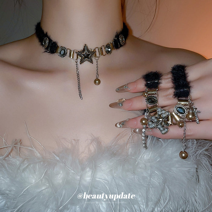 Plush Rhinestone Star Tassel Pearl Necklace Dark Sweet Cool Designer Choker