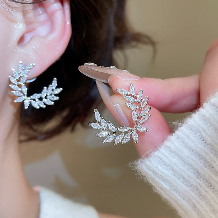 Light Luxury Copper Zircon Crescent Wheat Stud Earrings Korean Elegant Geometric Circle Jewelry