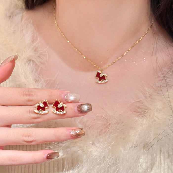 18K Gold Plated Copper Zircon Horse Necklace And Stud Earrings Jewelry Set, Light Luxury Chinese Style
