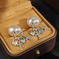Elegant Vintage Pearl Stud Drops With Rhinestone Cross Heart Charms Silver Alloy Two Way Design Earrings view 2