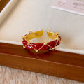 24K Gold Plated Copper Red Enamel Striped Open Geometric Circle Ring For Women view 4