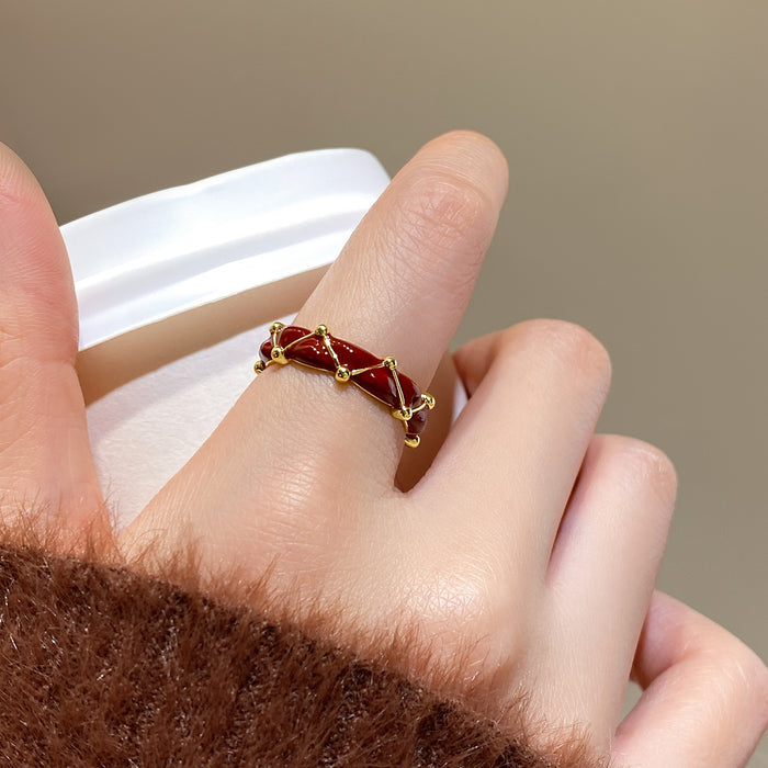 24K Gold Plated Copper Red Enamel Striped Open Geometric Circle Ring For Women