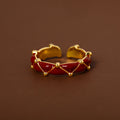 24K Gold Plated Copper Red Enamel Striped Open Geometric Circle Ring For Women view 2