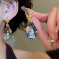 Ethnic Vintage Natural Stone Beaded Teardrop Drop Earrings With Silver Needle Studs view 1