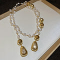 Old Money Faux Pearl Sweater Necklace With Zircon Teardrop Pendant Vintage Elegant Jewelry view 2