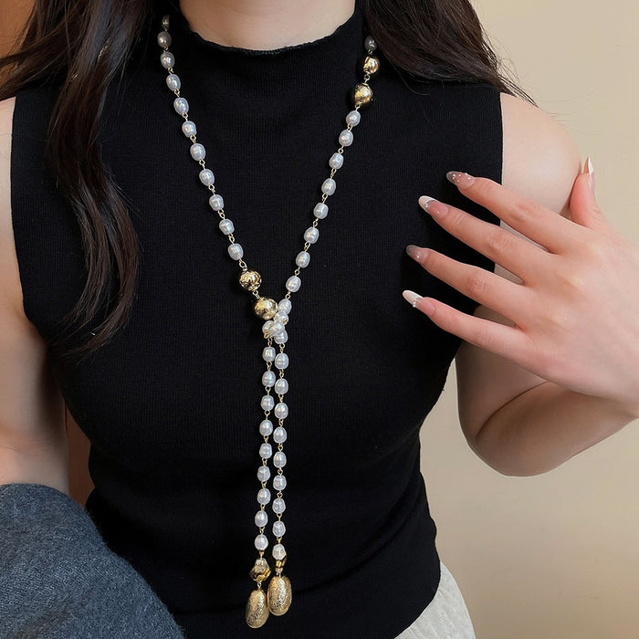 Old Money Faux Pearl Sweater Necklace With Zircon Teardrop Pendant Vintage Elegant Jewelry