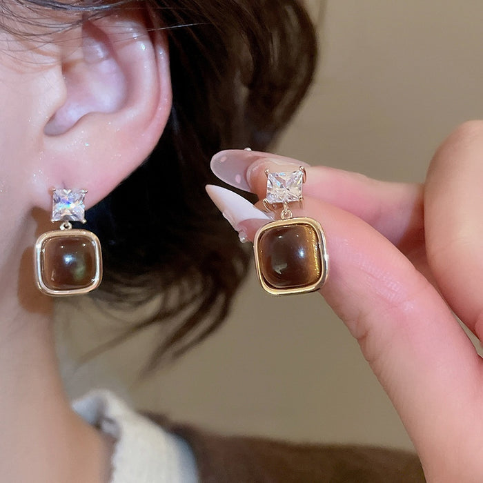 18K Gold Plated Tiger Eye Zircon Geometric Stud Earrings With Silver Posts For Women