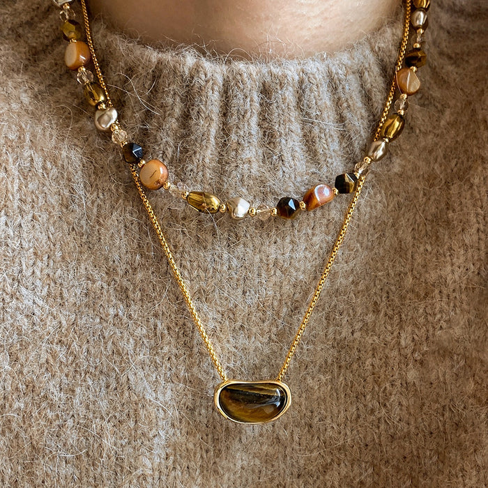 18K Gold Plated Tiger Eye Oval Pea Pendant Necklace, Old Money Light Luxury Collarbone Chain